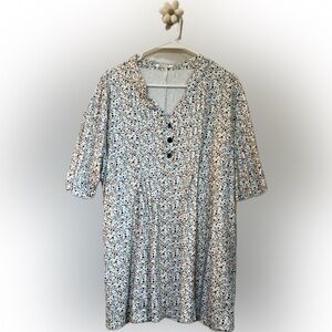 Hocosit Feminine Floral V Neck Blouse Flared Mustard Yellow Blue Pink EUC